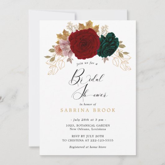 秋の金ゴールドブルガンディエメラルドブライダルシャワー 招待状 (正面)