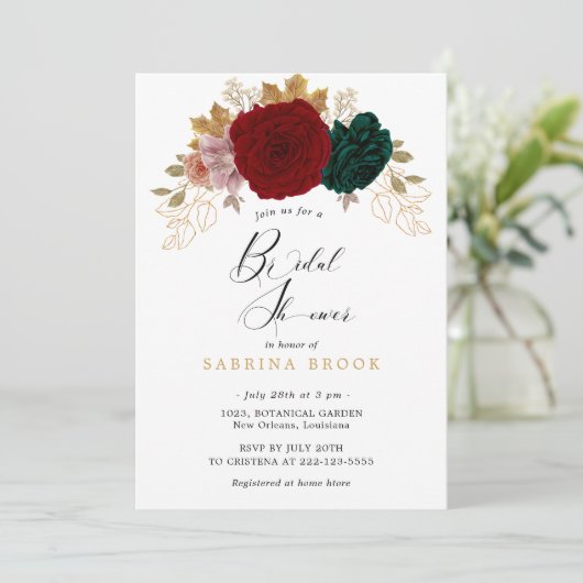 秋の金ゴールドブルガンディエメラルドブライダルシャワー 招待状 (スタンド正面)