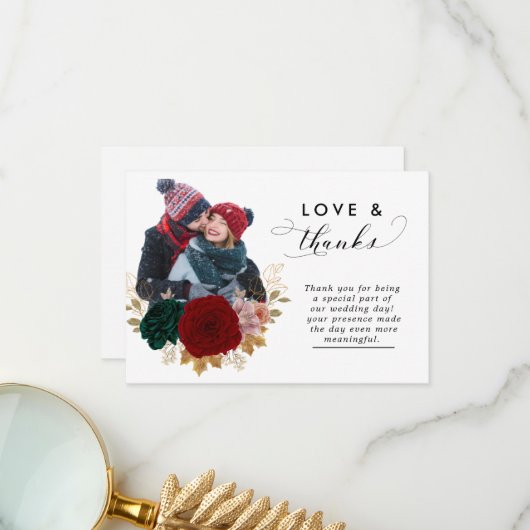 秋の金ゴールドブルゴーニュエマラルドグリーン結婚ズ サンキューカード (正面/裏面インサイチュ)