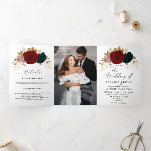 秋の金ゴールドブルゴーニュエメラルドグリーン結婚ズ 三つ折り案内状 (内部)