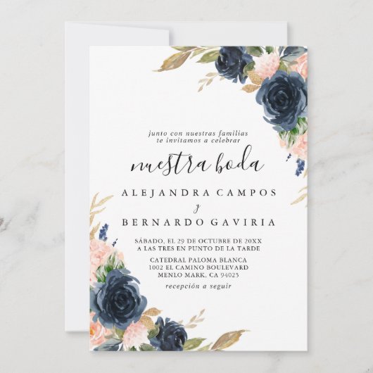 秋の金ゴールドブルーピンクフラワーズヌエストラボーダ 招待状 (正面)