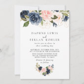 秋の金ゴールドブルーピンクフローラバック&フロント結婚ズ 招待状 (正面)