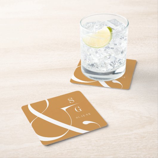 秋の金ゴールドモダンミニマルなカップルのモノグラム スクエアペーパーコースター (インサイチュ)