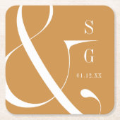 秋の金ゴールドモダンミニマルなカップルのモノグラム スクエアペーパーコースター (正面)