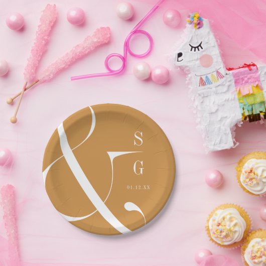 秋の金ゴールドモダンミニマルなカップルのモノグラム ペーパープレート (パーティー)
