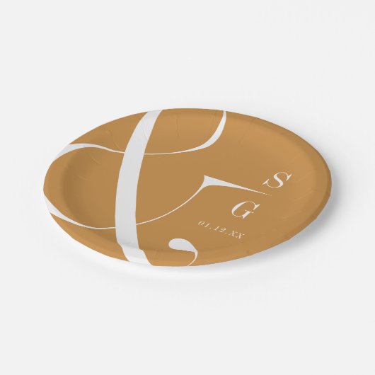 秋の金ゴールドモダンミニマルなカップルのモノグラム ペーパープレート (アングル)