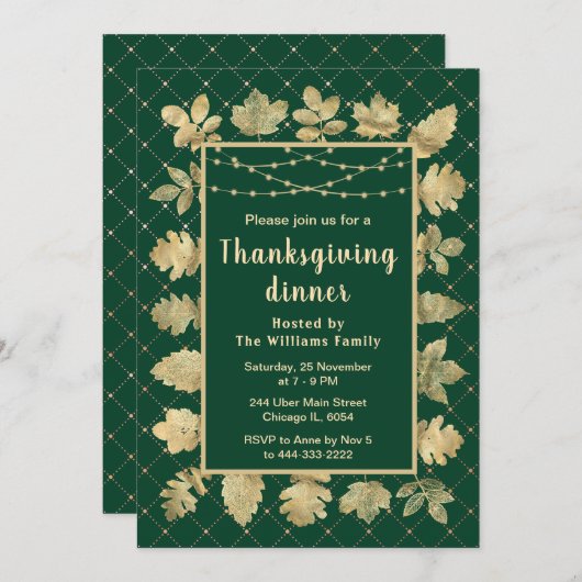 秋の金ゴールド葉感謝祭ディナーグリーン 招待状 (正面/裏面)