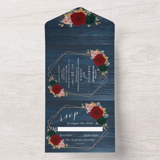 秋の金ゴールド |ネイビーウッドエメラルドグリーン オールインワン招待状 (内側)