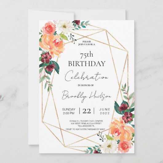 秋の開花とゴールデンフレーム独占的誕生日 招待状 (正面)