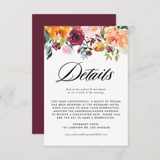 秋の開花ガーランド秋の結婚式詳細 エンクロージャーカード (正面/裏面)