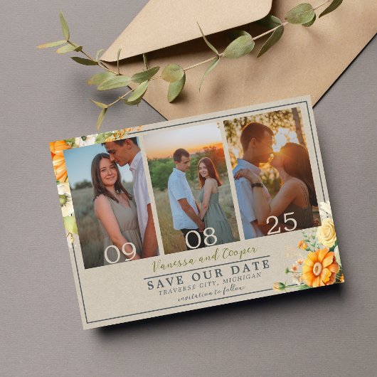 秋の開花フローラグリーンオレンジ結婚ズ セーブザデート