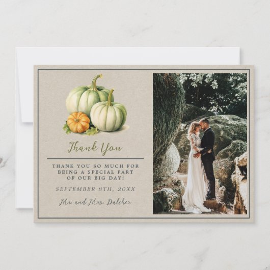 秋の開花フローラ秋グリーンオレンジ結婚ズ サンキューカード (正面)