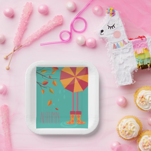 秋の雨靴と傘の紅葉 ペーパープレート (パーティー)