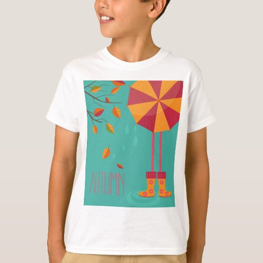秋の雨靴と傘の紅葉 Tシャツ (正面)