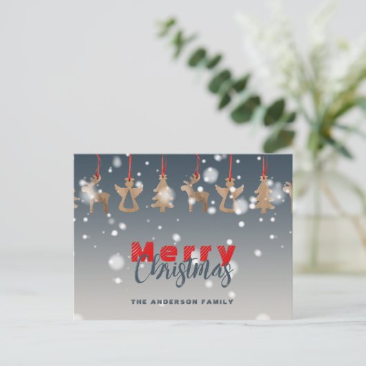 秋の雪片と木のオーナメントクリスマス シーズンポストカード (スタンド正面)