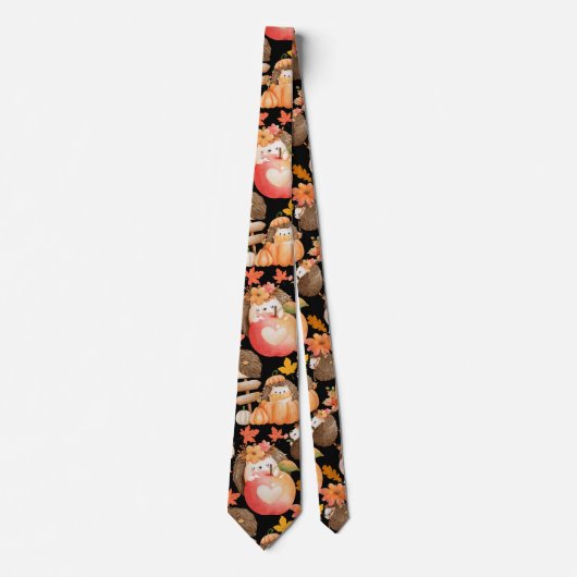 秋の雰囲気パターンポルクパインブラックBG ネクタイ (正面)