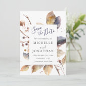 秋の青と金の葉の水彩画を使ったクリスチャンのウェディング セーブザデート (スタンド正面)