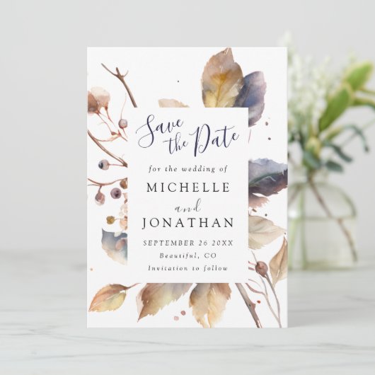 秋の青と金の葉の水彩画を使ったクリスチャンのウェディング セーブザデート (スタンド正面)