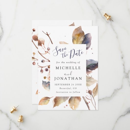 秋の青と金の葉の水彩画を使ったクリスチャンのウェディング セーブザデート (正面/裏面インサイチュ)