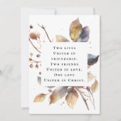 秋の青と金の葉の水彩画を使ったクリスチャンのウェディング セーブザデート (裏面)