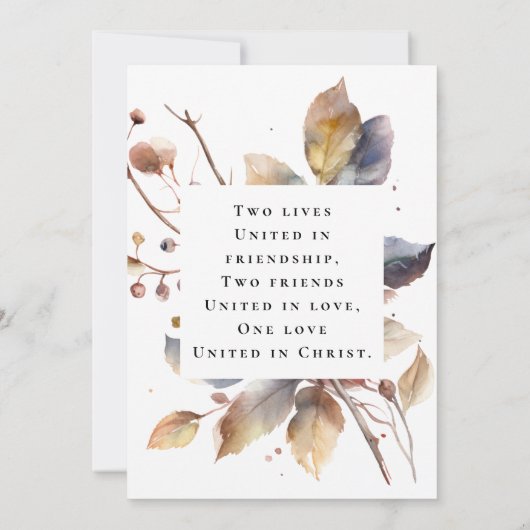 秋の青と金の葉の水彩画を使ったクリスチャンのウェディング セーブザデート (裏面)