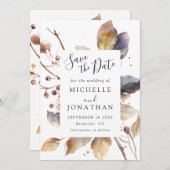 秋の青と金の葉の水彩画を使ったクリスチャンのウェディング セーブザデート (正面/裏面)