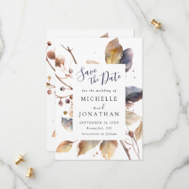 秋の青と金の葉の水彩画を使ったクリスチャンのウェディング セーブザデート