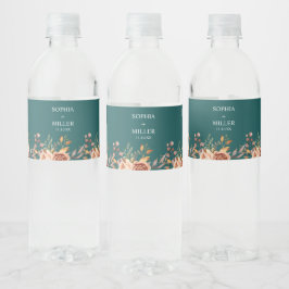 秋の青緑色の水彩テラコッタフラワーズ ウェディング ペットボトルラベル
