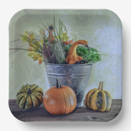 秋の静かな生活カボチャ、花 ペーパープレート