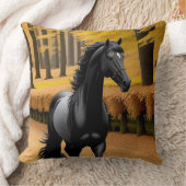 秋の風光明媚な山道の黒馬 クッション (ブランケット)