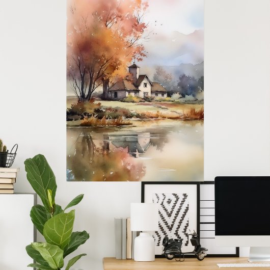 秋の風景水彩イラストレーション ポスター (ホームオフィス)