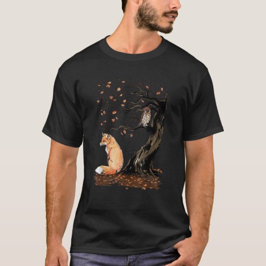 秋の風狐とフクロウ Tシャツ (正面)