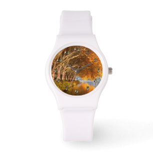 秋の飛行機の木々が湖に 腕時計