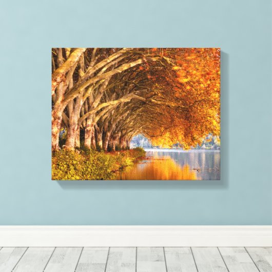 秋の飛行機の木々が湖を越えて キャンバスプリント (インサイチュ (ウッドフロア))