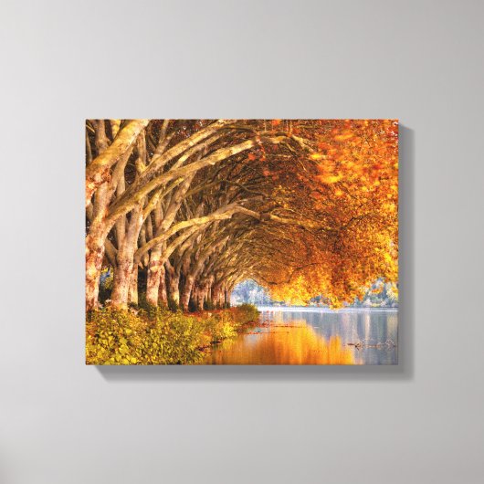 秋の飛行機の木々が湖を越えて キャンバスプリント (正面)