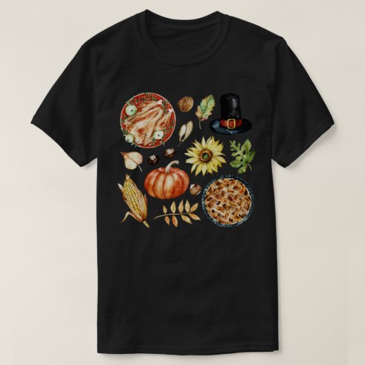 秋の食べ物を盛り合わせた七面鳥パイとカボチャ Tシャツ (デザイン正面)