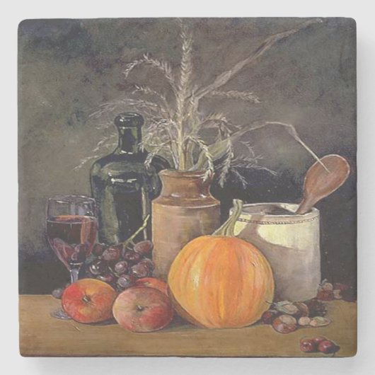 秋の飾り付けテーブル，かぼちゃの，フルーツ，ドリンク ストーンコースター (正面)