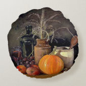 秋の飾り付けテーブル,かぼちゃの,フルーツ,ドリンク ラウンドクッション (裏面)