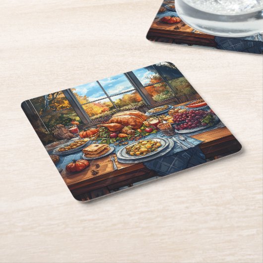 秋の饗宴:感謝祭お祝い スクエアペーパーコースター (アングル)