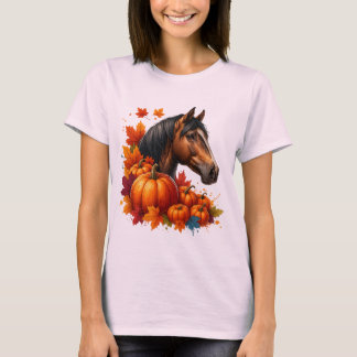 秋の馬とカボチャ - あたたかな落ち葉と農場 Tシャツ