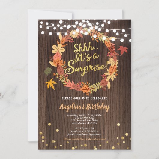 秋の驚きの誕生日パーティー感謝祭の金ゴールド 招待状 (正面)