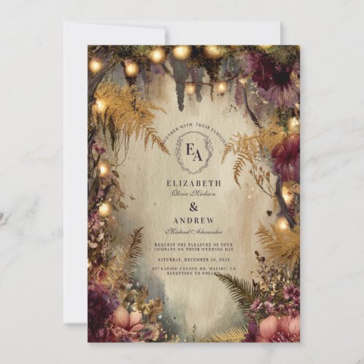 秋の魅惑の森の灯りと開花 招待状 (正面)
