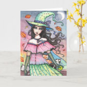 秋の魔女と3匹の猫のカード カード (黄色い花)