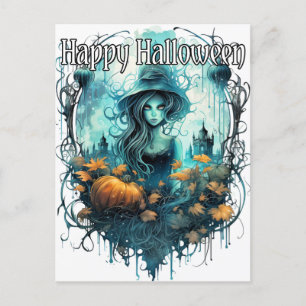 秋の魔女イラストレーション ハッピーハローウィン ポストカード