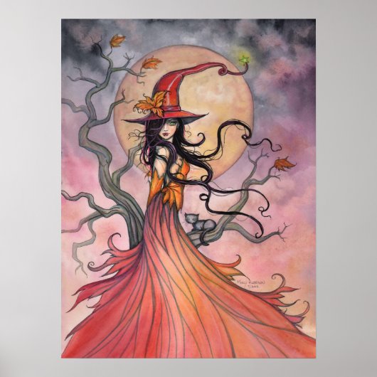 秋の魔法ハロウィーンウィッチアンドキャットアート ポスター (正面)