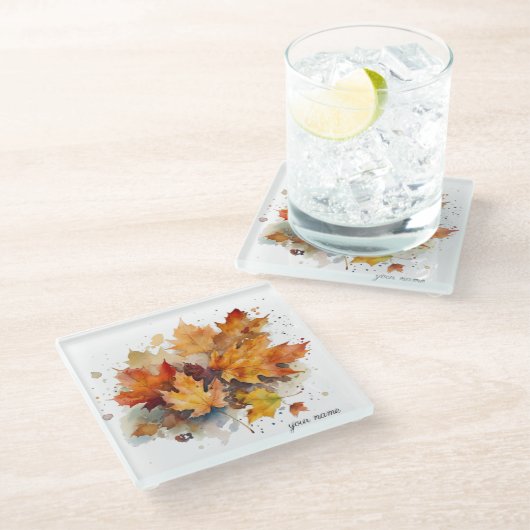 秋の鮮やかメープルウォーター色、カスタム ガラスコースター (アングル)