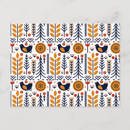 秋の鳥のフォークアートパターン シーズンポストカード (正面)