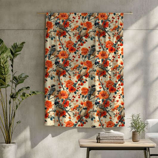 秋の鳥の毛布(フローラアクセント付素朴) フリースブランケット