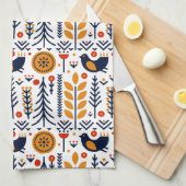 秋の鳥の民芸パターン キッチンタオル (四つ折り)