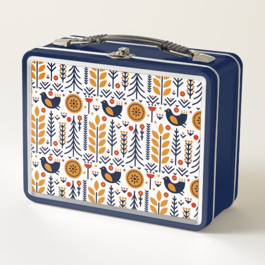 秋の鳥の民芸パターン メタルランチボックス (正面)